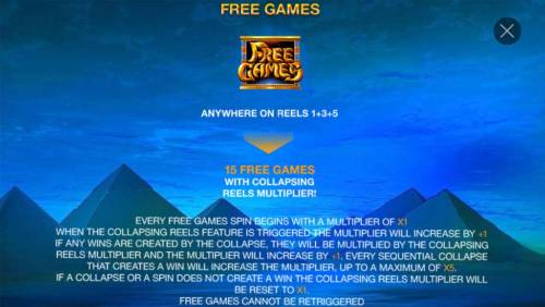 Gem Queen Big Bonus Slots Free Games symbols anywhere on reels 1, 3 and 5 awards 15 free games with collapsing reels multiplier.