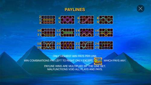 Gem Queen Big Bonus Slots Payline Diagrams 1-25. Only the highest win pays per line. Win combinations pay left to right except scatter symbols which pay any. Payline wins are multiplied by line bet.