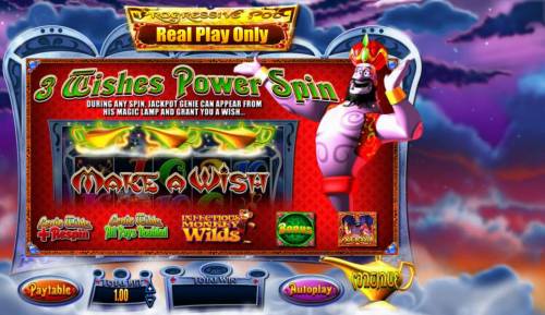 Genie Jackpots Big Bonus Slots features 3 Wishes Power Spin. During any spin, Jackpot Genie can appear from his magic lamp and grant you a wish. Pick from one of three magic lamps to reveal a prize.