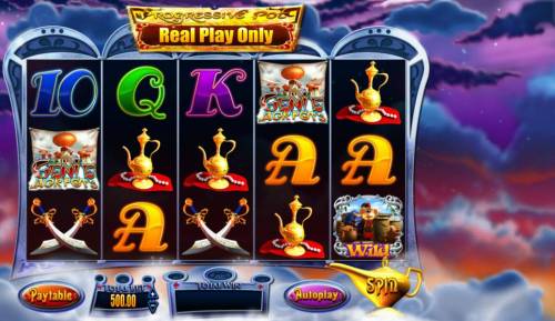 Genie Jackpots Big Bonus Slots Main game board featuring five reels and 20 paylines with a chance to win a progressive jackpot payout.