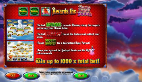 Genie Jackpots Big Bonus Slots Land two bonus symbols and a magic carpet bonus symbols awards the Magic Carpet Bonus. Win up to 1000x total bet!