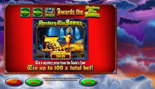 Genie Jackpots Big Bonus Slots Land two bonus symbols and a treasure chest bonus symbols awards the Mystery Win Bonus. Win a mystery prize from the Genies cave. Win up to 100x total bet!