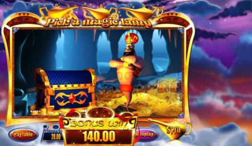 Genie Jackpots Big Bonus Slots Pick a magic lamp to continue playing the Mystery Win Bonus feature. Choose wisely, so as, not to pick the Collect option.
