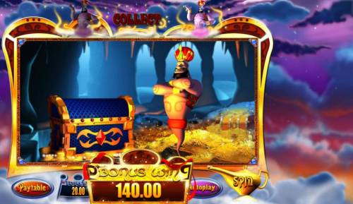 Genie Jackpots Big Bonus Slots Mystery Win Bonus feature play will contniue as long as you keep selecting the magic lamp that reveals a Genie.