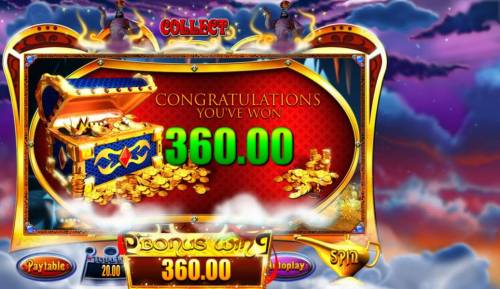 Genie Jackpots Big Bonus Slots The Mysteru Win Bonus feature pays out a total of 360.00 for a big win!