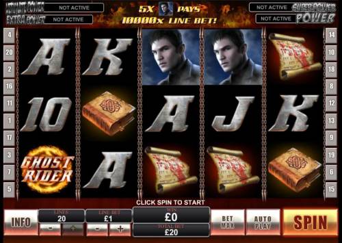 Ghost Rider Big Bonus Slots main game board featuring 5 reels and 20 paylines