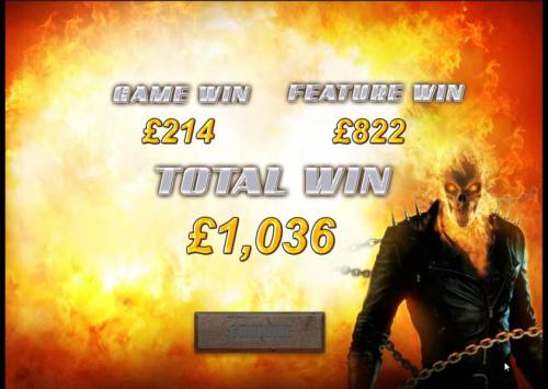 Ghost Rider Big Bonus Slots free game feature leads to a 1036 credit payout