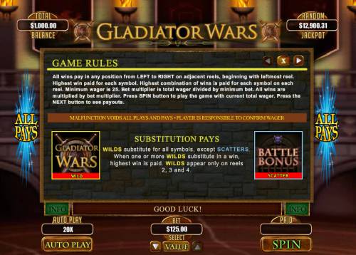 Gladiator Wars Big Bonus Slots Wild and Scatter Symbol Rules