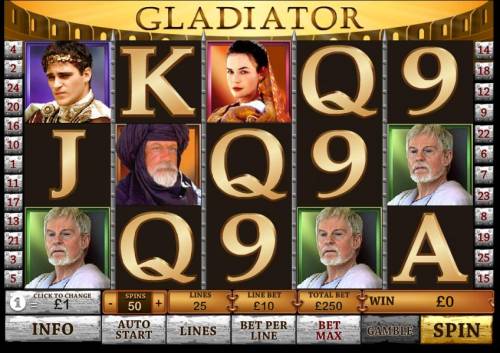 Gladiator Big Bonus Slots mainn game board featuring 5 reels and 25 paylines
