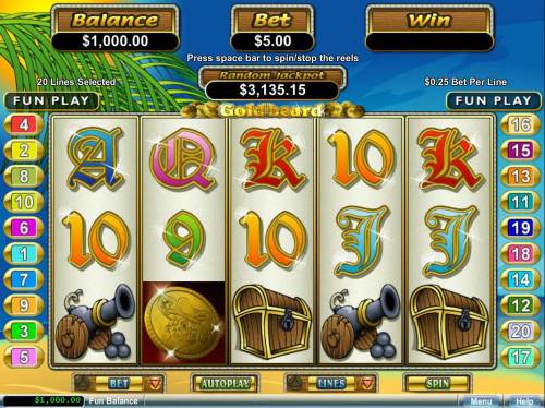 Goldbeard Big Bonus Slots A pirate themed main game board featuring five reels and 20 paylines with a $50,000 max payout