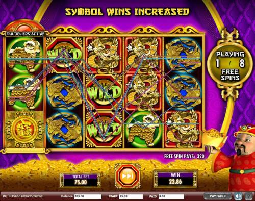 Gong Xi Fa Cai Big Bonus Slots Multiple winning paylines triggered during the Free Games feature awarding a 320.00 payout.