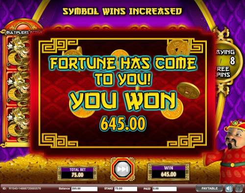 Gong Xi Fa Cai Big Bonus Slots A 645.00 big win is paid out by the free games feature.