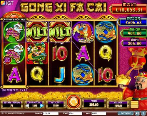 Gong Xi Fa Cai Big Bonus Slots A 305.00 big win triggered by a couple of winning paylines and a 5x wild multiplier.