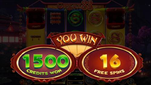 Great 88 Big Bonus Slots 1,500 credits paid out and 16 free spins awarded as a result of the Bonus Wheel