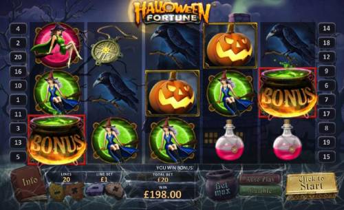 Halloween Fortune Big Bonus Slots witches brew bonus triggered on reels 1 and 5