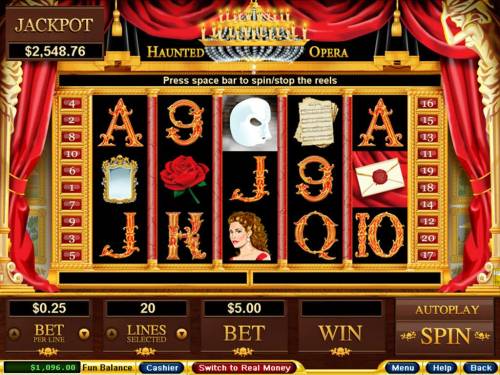 Haunted Opera Big Bonus Slots An opera themed main game board featuring five reels and 20 paylines with a $250,000 max payout