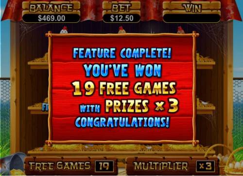 Hen House Big Bonus Slots free spins feature complete. 19 free games with prizes x3