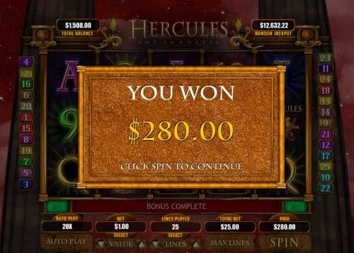 Hercules the Immortal Big Bonus Slots Total Free Spins Payout
