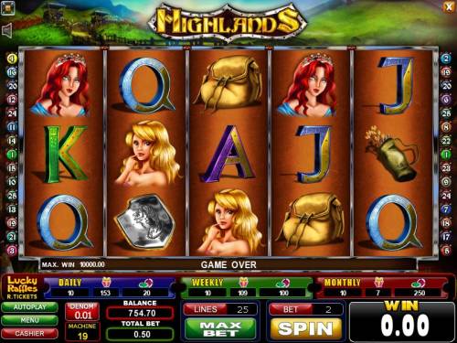 Highlands Big Bonus Slots main game board featuring five reels and 25 paylines