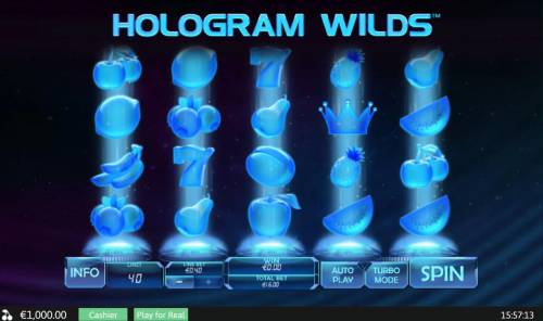 Hologram Wilds Big Bonus Slots Main game board featuring five reels and 40 paylines with a $400 max payout.