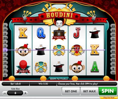Houdini Big Bonus Slots A magician themed main game board featuring five reels and 25 paylines with a $80,000 max payout