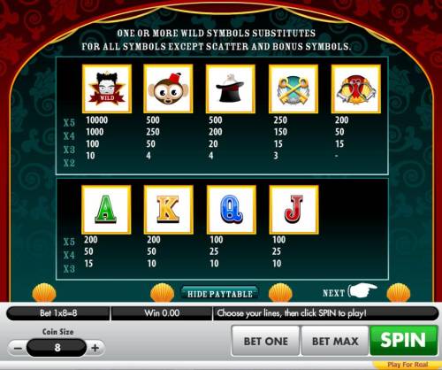 Houdini Big Bonus Slots Slot game symbols paytable featuring magician themed icons.
