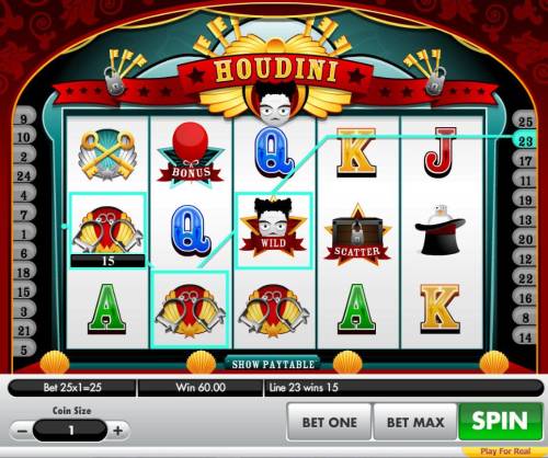 Houdini Big Bonus Slots A Pair of winning paylines triggers a 60.00 payout.
