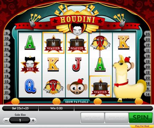 Houdini Big Bonus Slots Bonus feature triggered by three scatter symbols appearing anyhere on the reels.