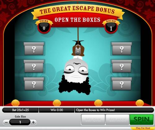 Houdini Big Bonus Slots Open boxes to find the escape key.