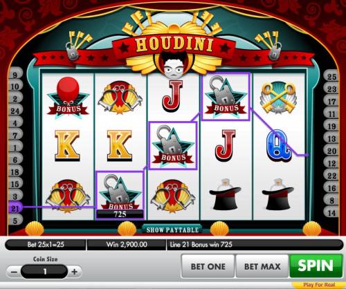 Houdini Big Bonus Slots Bonus game pays out a total of 2,900.00 for a super win.