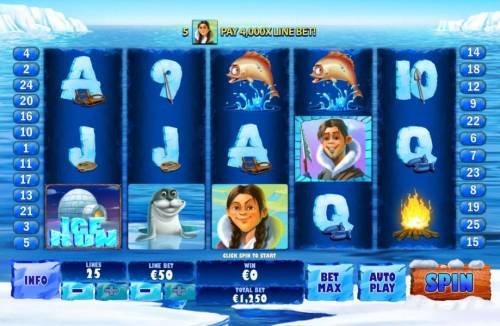Ice Run Big Bonus Slots Main game board featuring five reels and 25 paylines with a $200,000 max payout