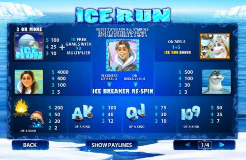 Ice Run Big Bonus Slots Slot game symbols paytable. Eskimo girl is the highest value icon on the game board. A five of a kind pays 4000x
