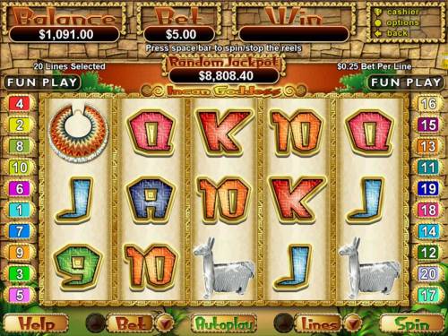 Incan Goddess Big Bonus Slots A Incan themed main game board featuring five reels and 20 paylines with a $250,000 max payout