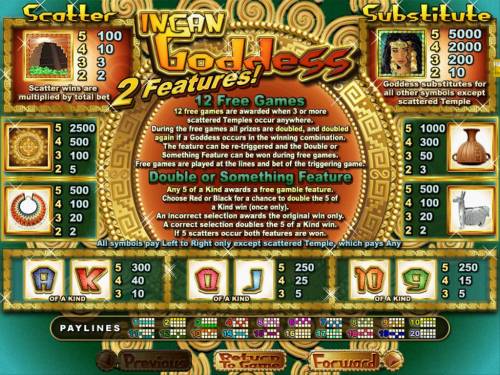 Incan Goddess Big Bonus Slots Slot game symbols paytable.