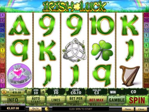 Irish Luck Big Bonus Slots Main game board featuring five reels and 30 paylines with a $500 max payout