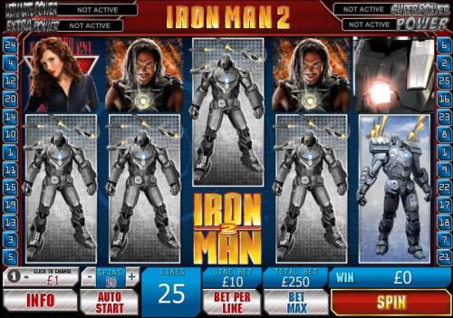 Iron Man 2 Big Bonus Slots main game board featuring 5 reels and 25 paylines
