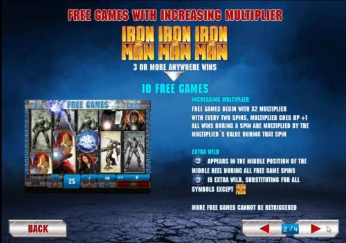 Iron Man 2 Big Bonus Slots free games with increasing multiplier. three or more iron man 2 symbols anywhere wins 10 free games