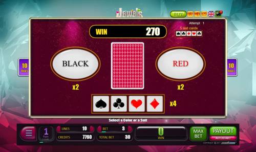 Jewels Big Bonus Slots Gamble Feature - To gamble any win press Gamble then select Red or Black or Suit