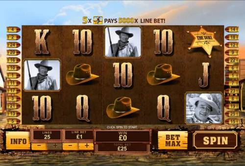 John Wayne Big Bonus Slots main game baord featuring 5 reels and 25 paylines