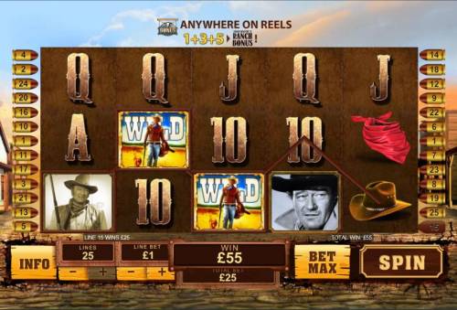 John Wayne Big Bonus Slots wilds trigger 55 credit jackpot