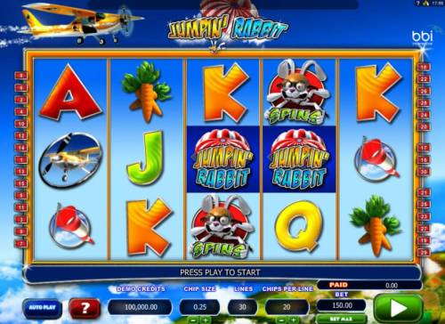 Jumpin Rabbit Big Bonus Slots Main game board based on a high flying rabbit theme, featuring five reels and 40 paylines with a $2,500 max payout