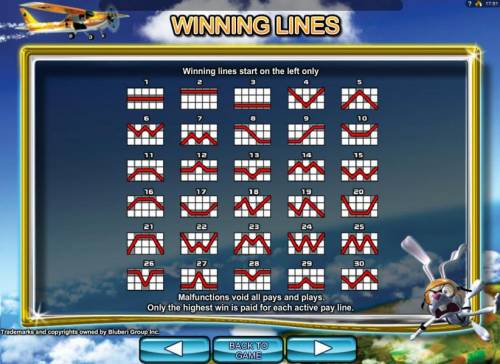 Jumpin Rabbit Big Bonus Slots Payline Diagrams 1-30. Winning lines start on left only. Only the highest winner per active line is paid.