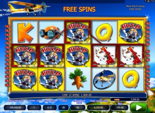 Jumpin Rabbit Big Bonus Slots A quartet of sky diving rabbit wilds combine with the game logo symbols on reel 1 leading to an awesome 3,250.00 super win.