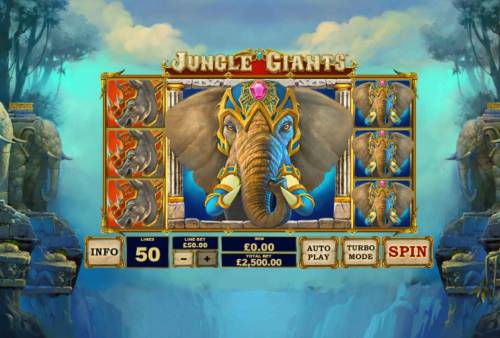Jungle Giants Big Bonus Slots Main game board featuring five reels and 50 paylines with a $2,500,000 max payout.