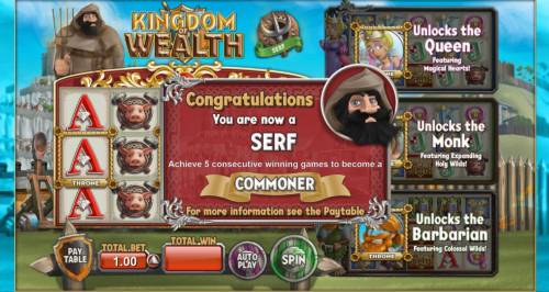 Kingdom of Wealth Big Bonus Slots Achieve 5 consecutive wiining games to become a commoner.