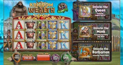 Kingdom of Wealth Big Bonus Slots Main game board featuring five reels and 30 paylines with a $500,000 max payout