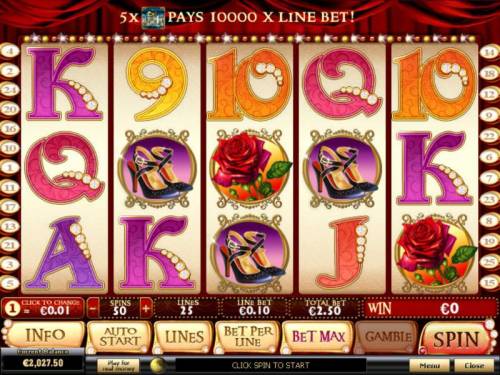 La Chatte Rouge Big Bonus Slots Main game board featuring five reels and 25 paylines with a $50,000 max payout