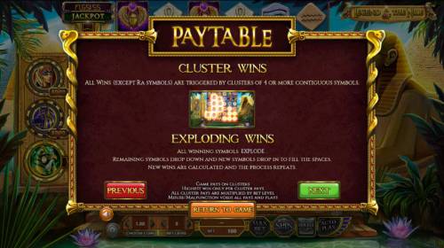 Legend of the Nile Big Bonus Slots Cluster Wins and Exploding Wins Rules