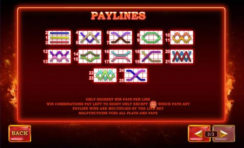 Lie Yan Zuan Shi Big Bonus Slots Payline Diagrams 1-25. Only highest win pays per line. Win combinations pay left to right only except scatter which pays any. Payline wins are multiplied by the line bet.