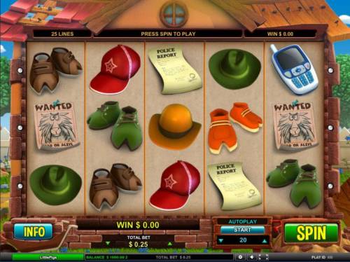 Little Pigs Strike Back Big Bonus Slots main game board featuring five reels, 25 paylines and $125,000 max payout